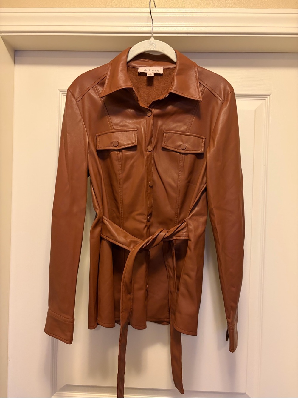 Philosophy Chestnut Faux Leather Button-Down with Self-Tie Belt